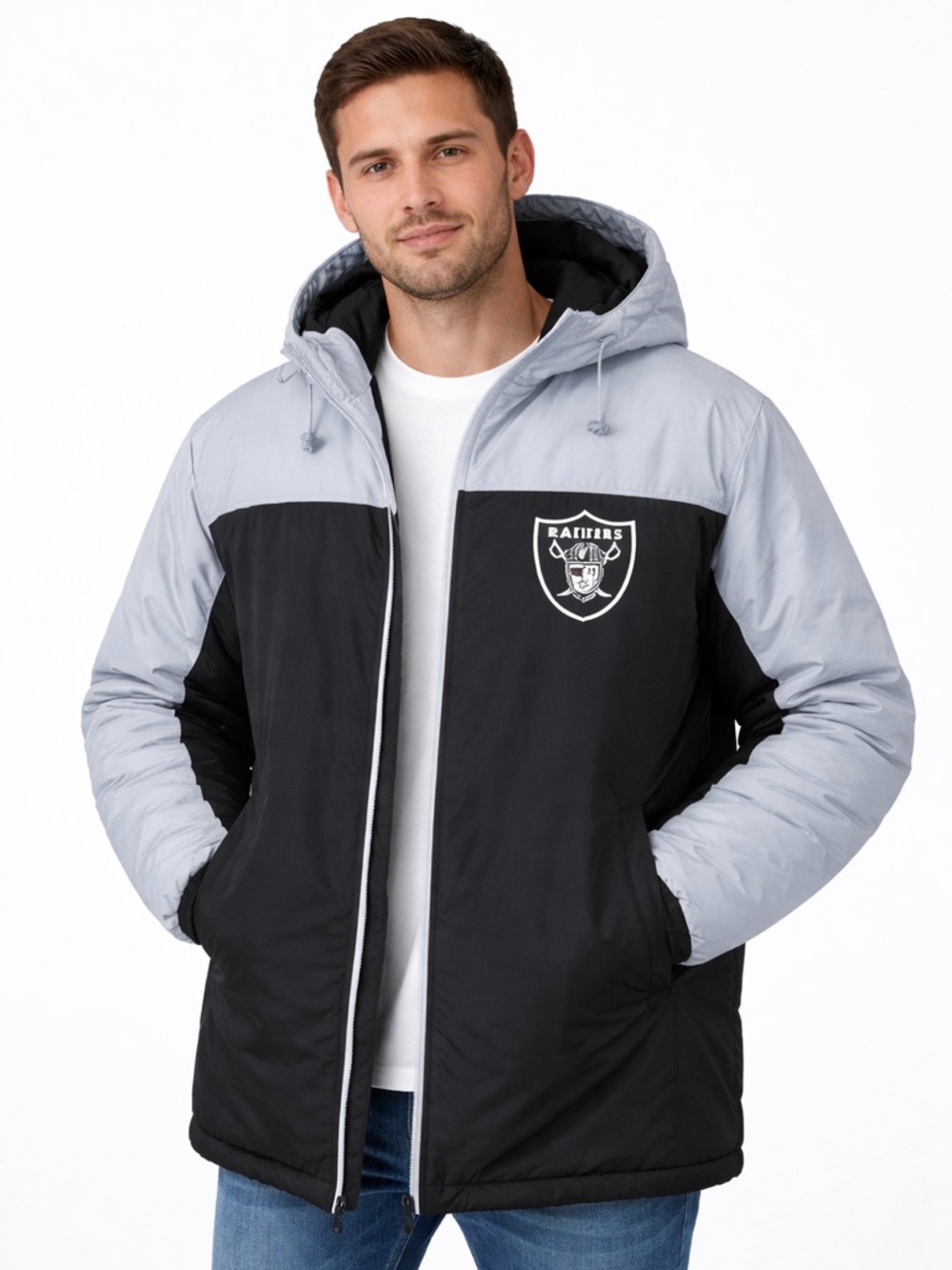 NFL Raiders Black and Light Gray Puffer Jacket